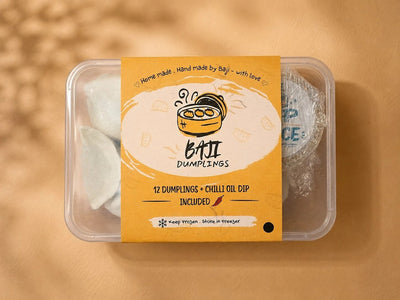 Baji Dumplings box from above, 12 dumplings with chilli oil dip included
