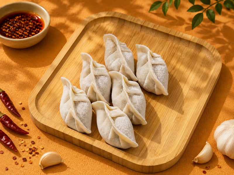 Frozen beef dumplings on a wooden board with chilli oil