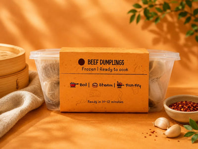 Beef Dumplings pack, frozen and ready to cook in 10 to 12 minutes