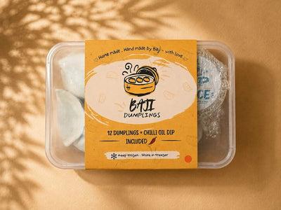 Baji Dumplings box from above, 12 dumplings with chilli oil dip included