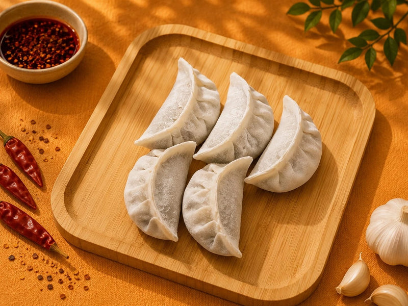 Frozen chicken dumplings on a wooden board with chilli oil