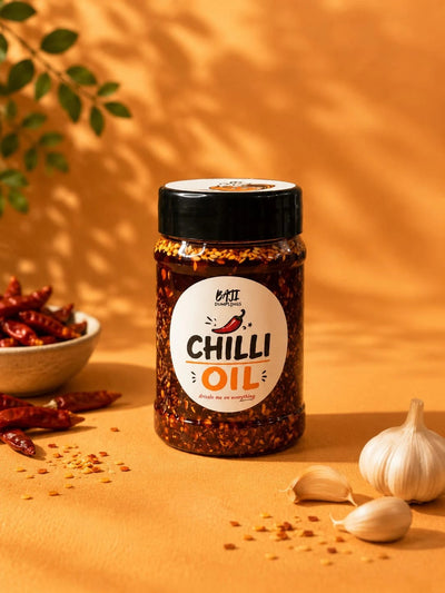 Baji's Chilli Oil jar with dried chillies and garlic