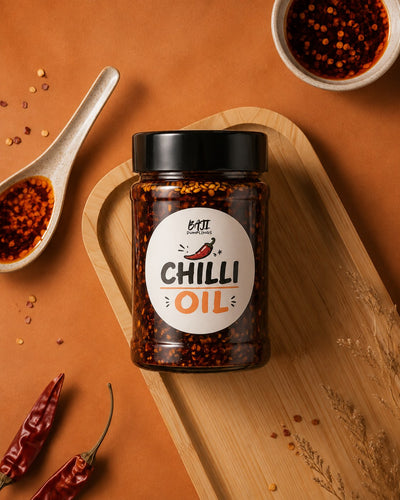 Baji's Chilli Oil from above with dried chillies and a spoon of flakes