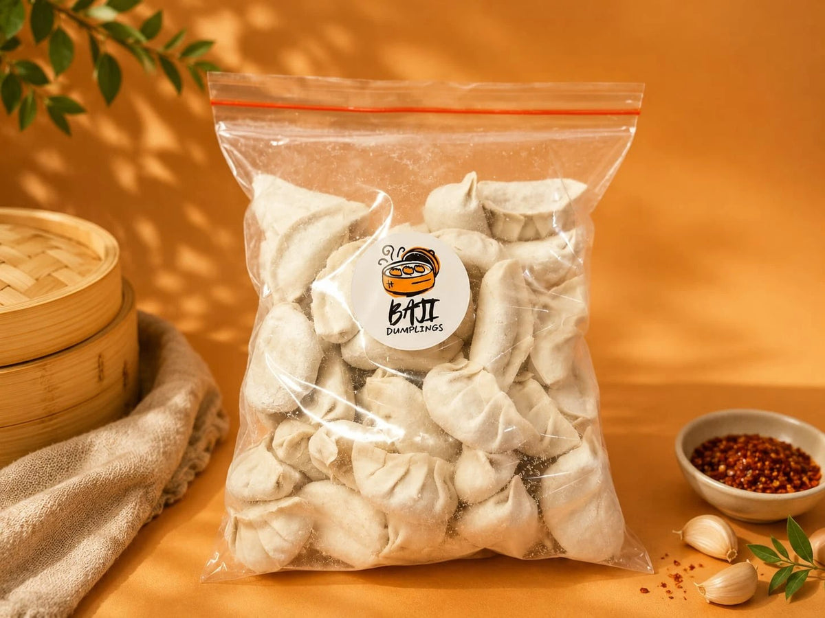Family pack of 48 frozen Baji dumplings in a sealed bag