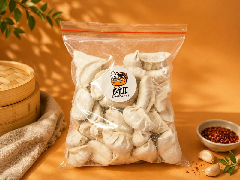 Family pack of 48 frozen Baji dumplings in a sealed bag