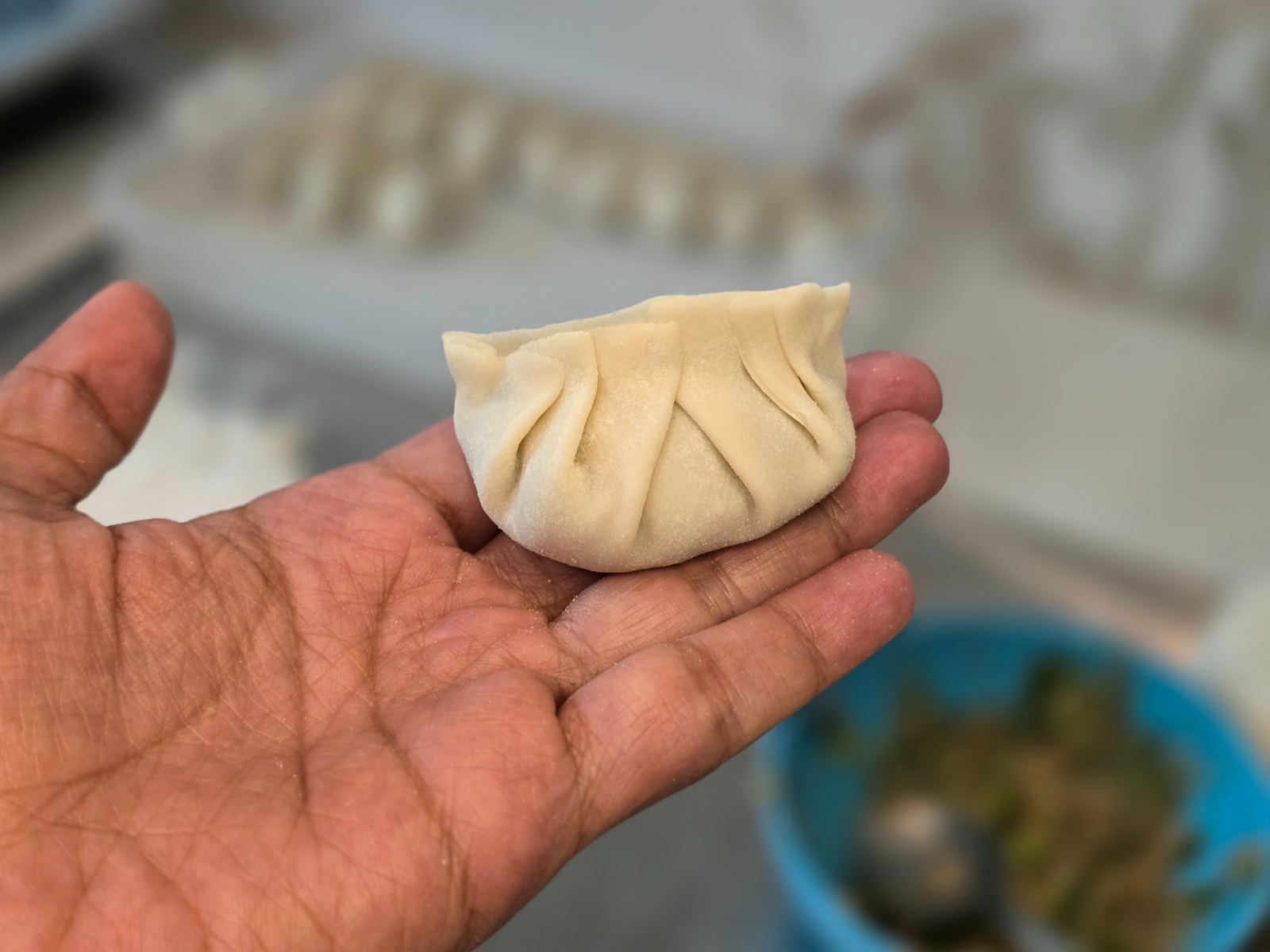 A dumpling held in the palm of a hand