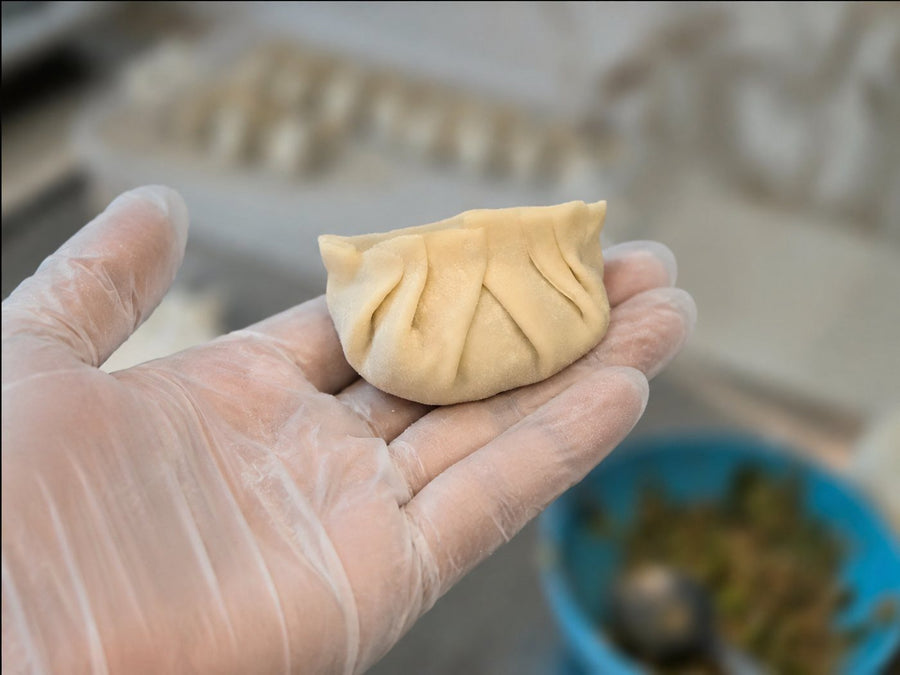 A tray of freshly pleated dumplings